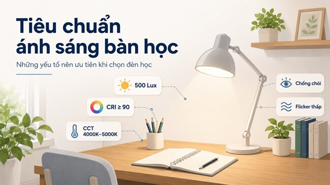 Tiêu Chuẩn Ánh Sáng Bàn Học Hiện Nay: Bao Nhiêu Lux, CCT, CRI Là Phù Hợp?