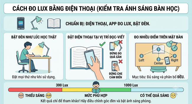 Cách Đo Lux Bằng Điện Thoại Để Kiểm Tra Ánh Sáng Bàn Học
